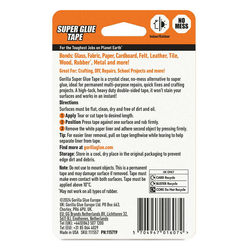 Gorilla Super Glue Tape 15.8mm x 6.1m for Indoor and Outdoor use
